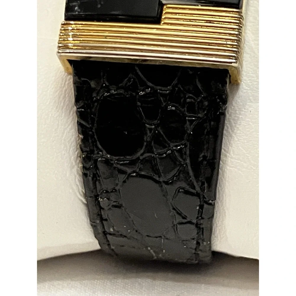 Amstar VTG Gold Tone Watch Face Black Leather Embossed Band Art Deco Retro Works